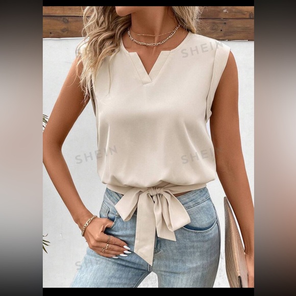 Frenchy Solid Color Notched Collar Knot Front Sleeveless Bow Blouse - Picture 5 of 6